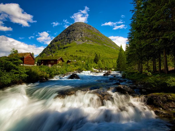 norway, Valldalen, водопад, гора, домики