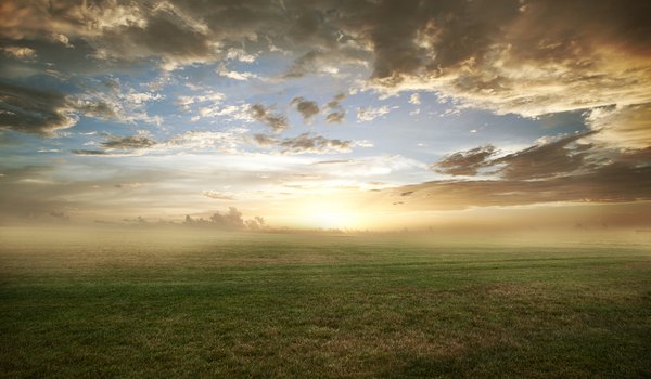 Обои на рабочий стол: газон, облака, поле, природа, трава, туман, утро
