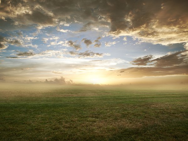 газон, облака, поле, природа, трава, туман, утро