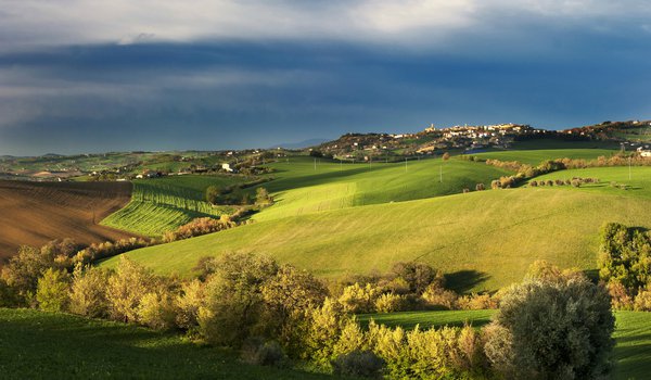 Обои на рабочий стол: деревья, италия, небо, облака, осень, поле, посёлок, синее, Тоскана