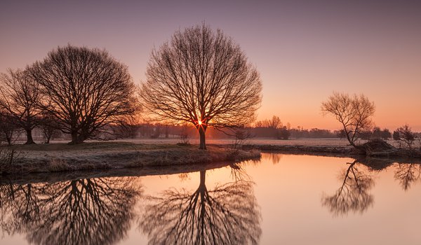 Обои на рабочий стол: River Stour, Suffolk, uk, деревья, иней, озеро, природа, утро