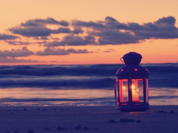 вечер, море, облака, песок, пляж, светильник, свеча