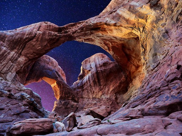 Arches National Park, Double Arch, utah, арка, звезды, небо, сша, юта