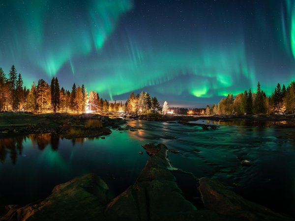 осень, северное сияние, Финляндия