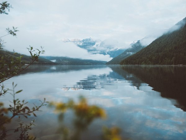 горы, озеро, туман, утро