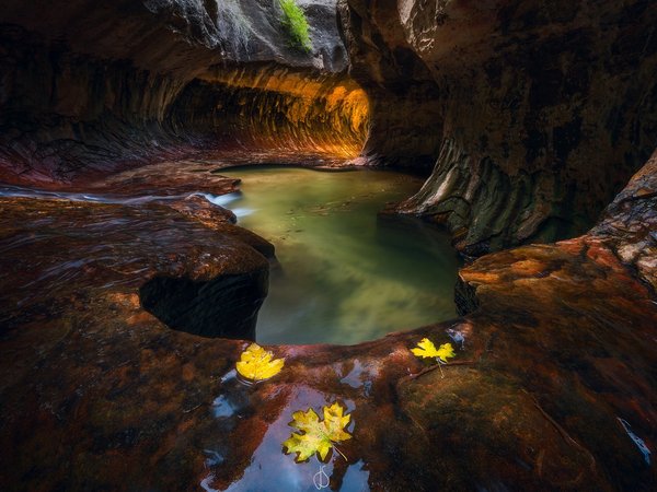 грот, камни, листва, осень, пещера, поток, река, скалы