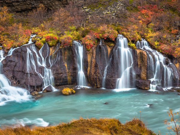 Hraunfossar, iceland, водопады, исландия, каскад, осень, река, Хрёйнфоссар