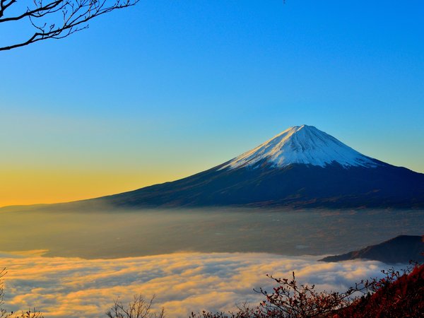 гора, небо, природа, япония