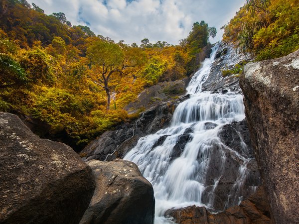 autumn, beautiful, forest, landscape, river, waterfall, водопад, лес, пейзаж, река, скалы