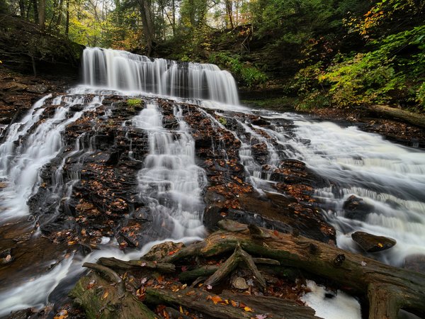 Mohawk Falls, Pennsylvania, Ricketts Glen State Park, водопад, каскад, лес, осень, Парк штата Рикетс Глен, Пенсильвания