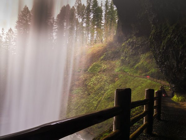 fence, Monsoon, moss, nature, Oregon, path, rocks, South Falls, trees, United States of America, usa, water, waterfall