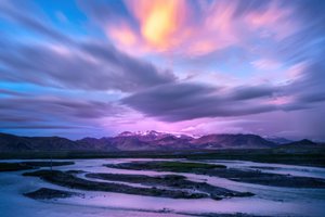 Обои на рабочий стол: clouds, long exposure, mountains, peaks, river, sky, snowy