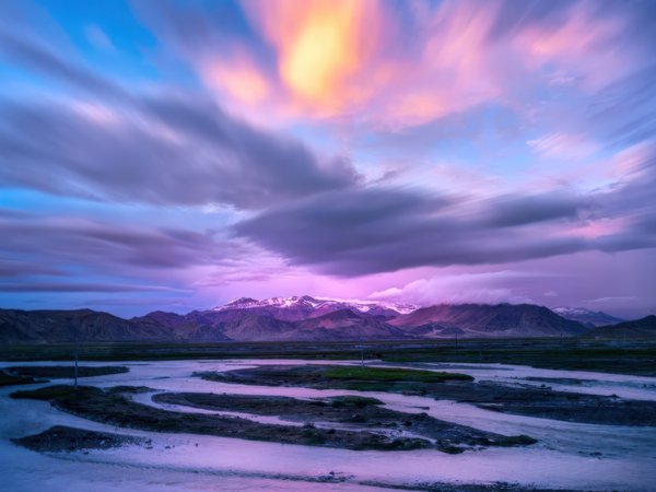 clouds, long exposure, mountains, peaks, river, sky, snowy