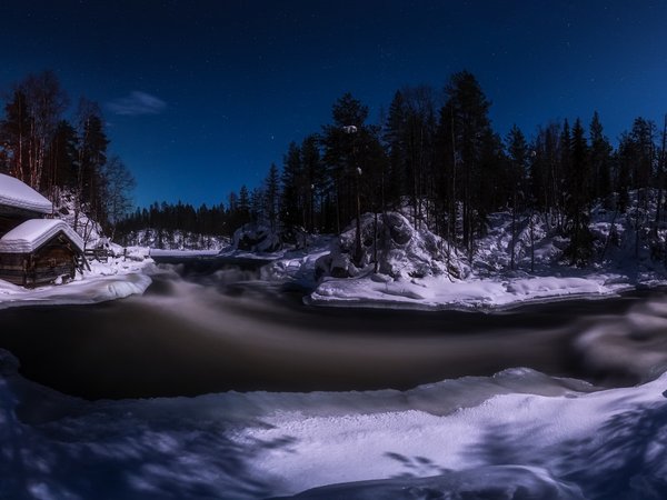 moonlight, Myllykoski rapids, ночь, река, холод