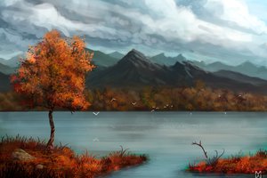 Обои на рабочий стол: горы, озеро, осень, рисунок