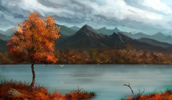 Обои на рабочий стол: горы, озеро, осень, рисунок