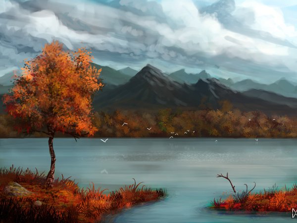 горы, озеро, осень, рисунок