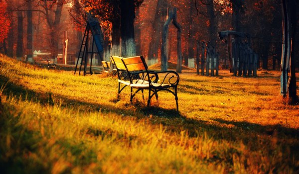 Обои на рабочий стол: листья, осень, парк, скамейка