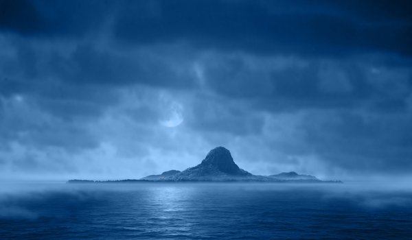 Обои на рабочий стол: гора, луна, ночь, остров