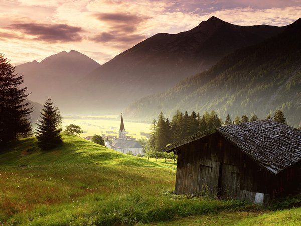 австрия, горы, деревня, лес, сарай, церковь