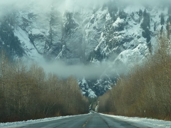 дорога, лес, скала, снег