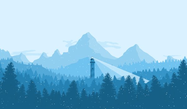 Обои на рабочий стол: горы, зима, лес, маяк, пейзаж, снег, флэт