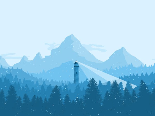 горы, зима, лес, маяк, пейзаж, снег, флэт