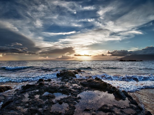 берег, закат, море