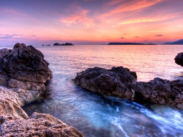 закат, камни, море