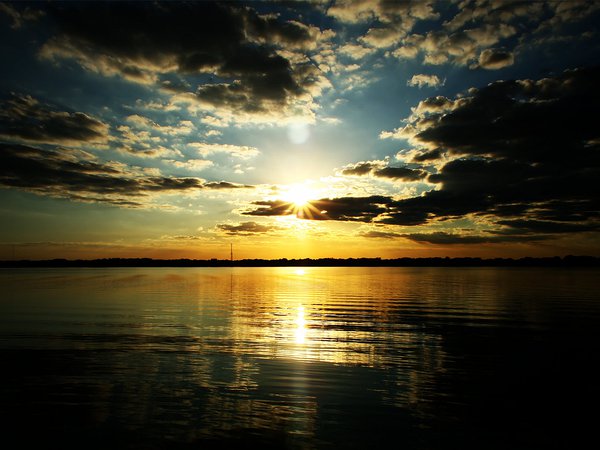 закат, озеро, солнце