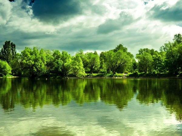 деревья, озеро, отражение, тучи