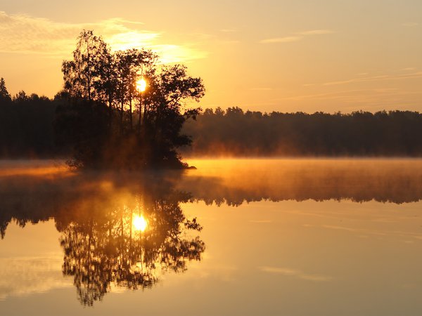 восход, озеро, туман, утро