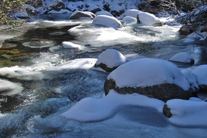 Обои на рабочий стол: зима, камни, река, снег