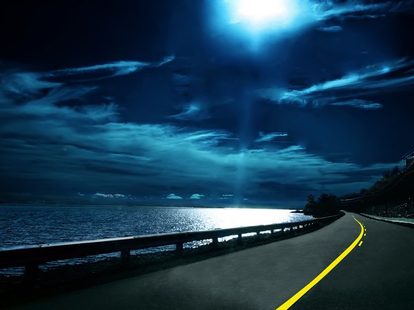 дорога, луна, море, небо, ночь, облака