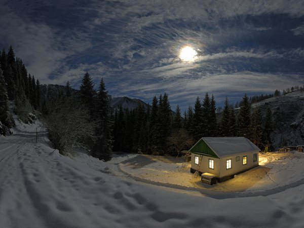 дом, зима, лес, луна, ночь, свет, снег