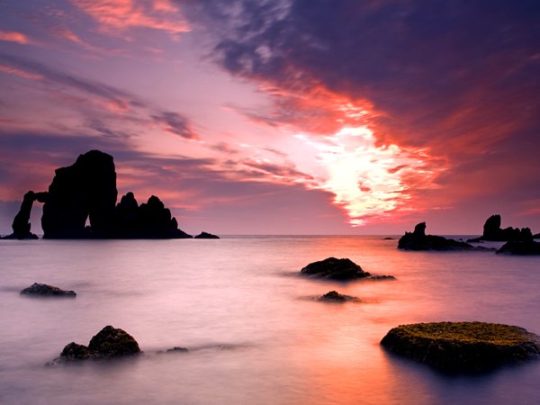 закат, камни, море