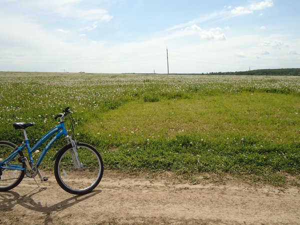 велосипед, луг, небо, пейзаж, трава