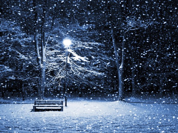 зима, ночь, скамейка, снег, фонарь