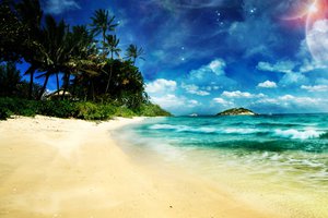 Обои на рабочий стол: курорт, море, пальмы, песок, пляж, рай, тропики