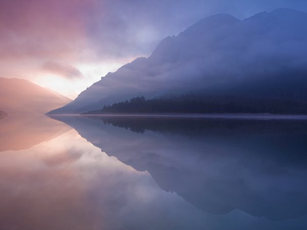 горы, закат, озеро, отражение