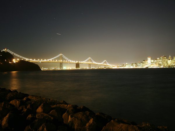 мост, ночь, огни, подсветка, река