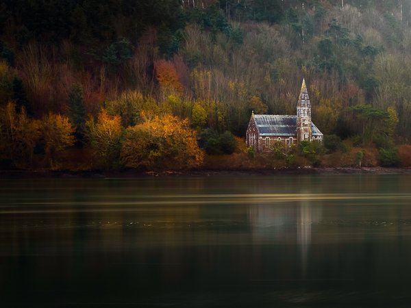 деревья, леса, осень, река, церковь