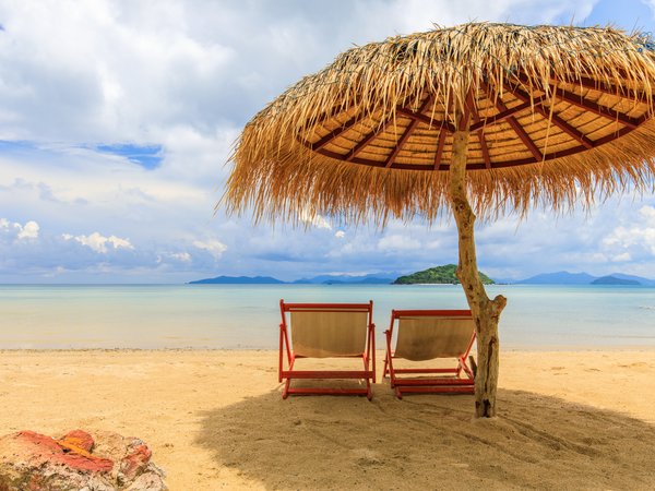 beach, beautiful, palms, paradise, sand, sea, seascape, summer, tropical, umbrella, берег, зонт, лето, море, небо, пальмы, песок, пляж, солнце, шезлонг