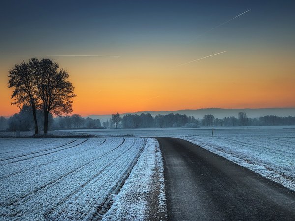 дорога, закат, зима, поле