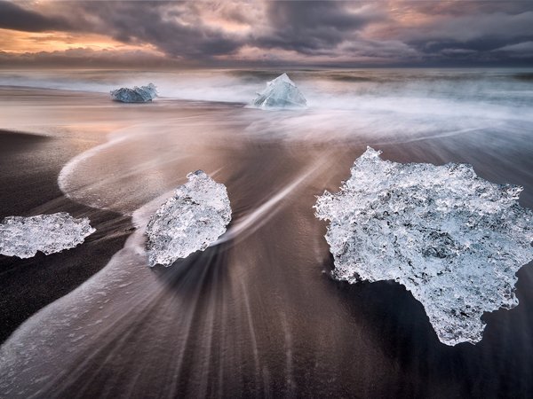 вода, волны, выдержка, исландия, лед, пляж, природа