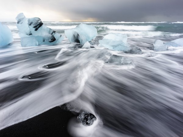 берег, выдержка, исландия, лед, море, природа