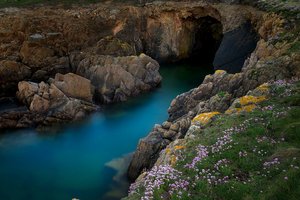 Обои на рабочий стол: камни, море, пещера, природа, растительность, скалы