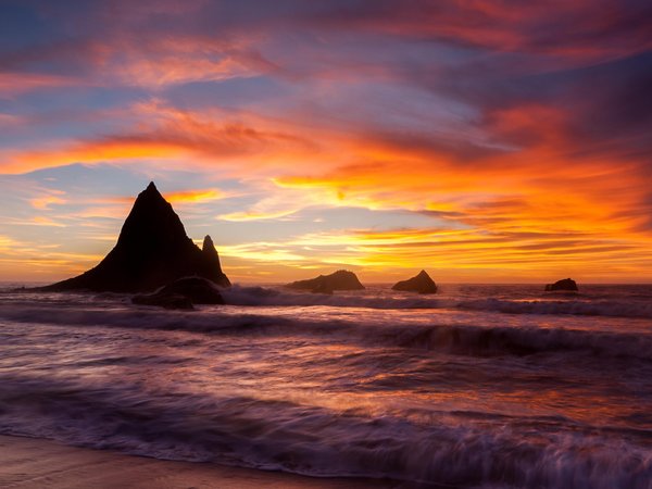beach, coast, colors, rocks, sea, shore, sky, sunset, tide