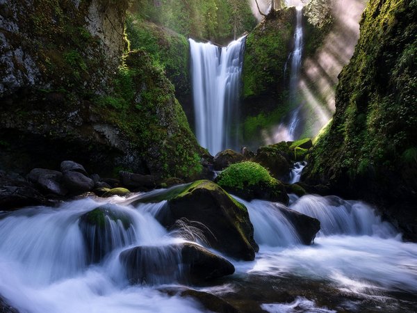 Fall Creek Falls, водопад, заповедник, камни, лучи, национальный парк, природа, свет, сша