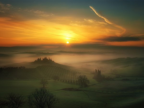 Fabrizio Massetti, fog, sun, sunrise, Tuscany, рассвет, солнце, Тоскана, туман